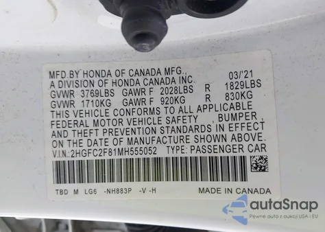 2021 Honda Civic Sport z USA, uszkodzony, nr VIN 2HGFC2F81MH555052